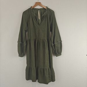 Uncle Frank Olive Green V-neck Long Sleeve Ruffle Cotton Corduroy Mini Dress XS
